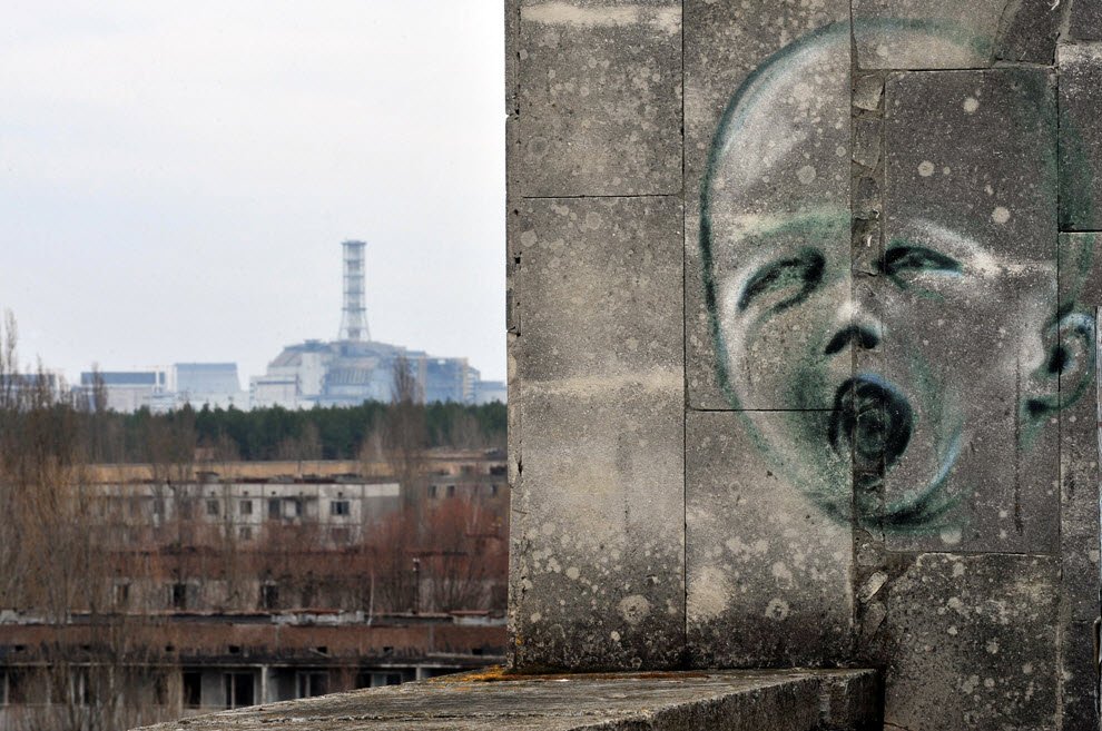 Graffiti adorns a wall near Chernobyl Nuclear power plant, site of the world
