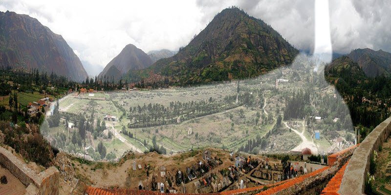 The image shows Aerial view of the 1970 Huascarán avalanche that destroyed Yungay, Peru.