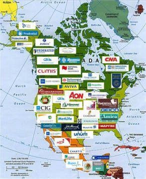 A map of North America with the logos of various insurance companies.