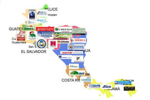 This picture shows a map of Central America with logotypes and names of insurers based in Central America, 