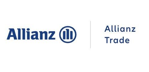 Logo: Allianz Trade. The elegant Allianz branding is executed in a custom blue colored font. In line with the phrase, there is a circle with a blue outline, containing the graphic interpretation of an imperial eagle, consisting of three vertical lines, the middle line has its top turned to the left, similar to the iconic eagle, while two other lines have rounded tips and represent wings – World Insurance Companies Logos.