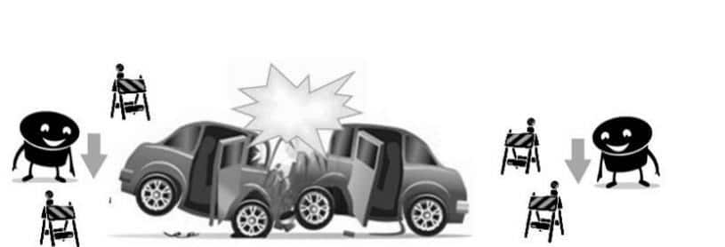 The image shows the driver of one of those cars placing warning signs for the accident. What to do after a Car Accident - World insurance companies logos.