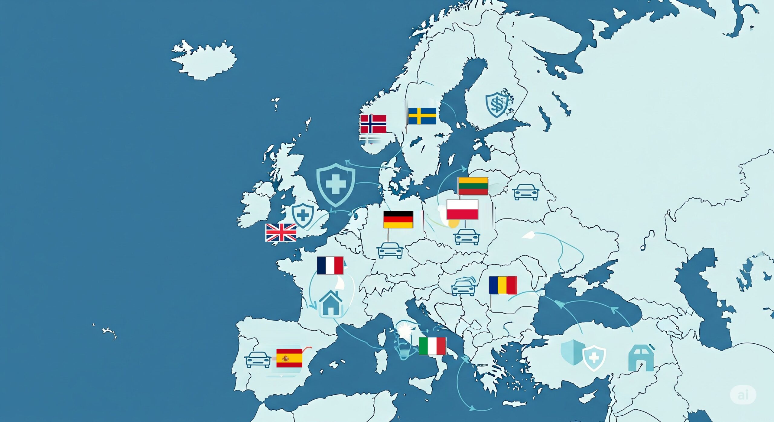 A map of Europe with flags and insurance icons is featured in Find European Insurance Logos and Insurers by Country, Post