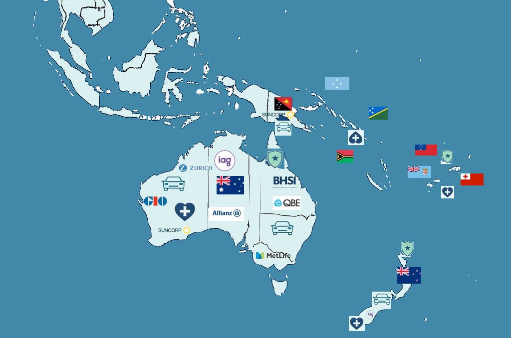 A map of Oceania with flags and insurance company logos- Insurance Company Logos in Oceania- Find Your Provider Post